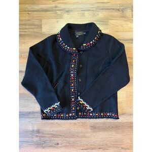 VTG Icelandic Designs Boiled Wool Unique Embroidered Cardigan Sweater Artsy